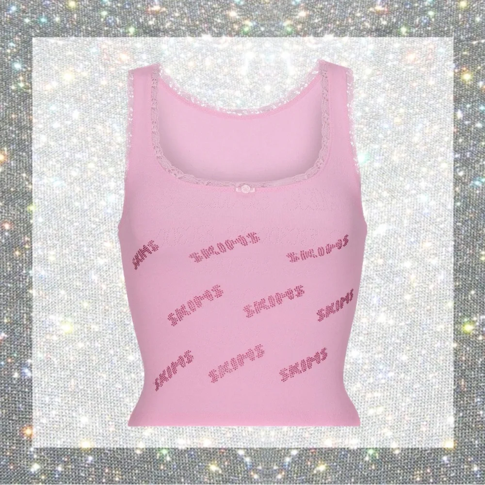 SKIMS ラインストーン タンクトップ ピンク SKIMS | Tops | Skims Rhinestone Logo Pointelle Tank In Bubble Gum